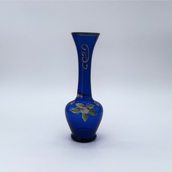 Vintage Bohemian Cobalt Blue Bud Vase Gold Gilt, Hand Painted 8" tall - Picture 2 of 11